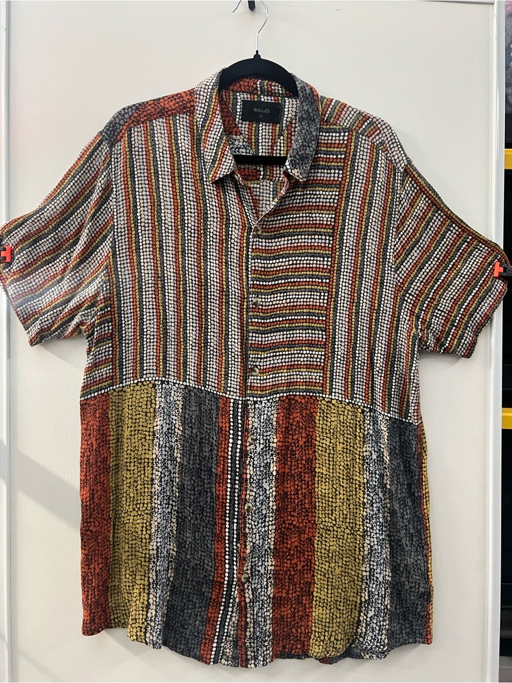 ROLLA'S Striped & Patchwork Short-Sleeve Button-Up — Rust, Mustard, Gray, Cream